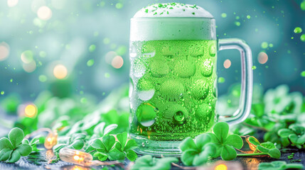 Abstract composition of green beer mug and clover leaves, St. Patrick's Day celebration in March, drinks concept, generative ai