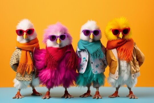 Creative animal concept. chicken in a group, vibrant bright fashionable outfits isolated on solid background advertisement, copy text space. birthday party invite invitation banner