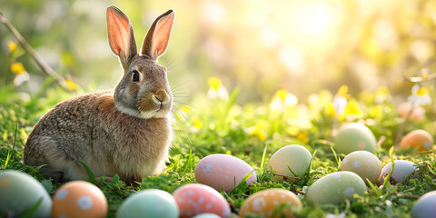 Adorable Bunny With Easter Eggs In Flowery Meadow