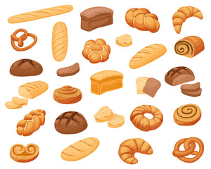 A set of rye and wheat bread, a bakery icon, sliced fresh bread. Fresh rolls and bread for toast. Vector - obrazy, fototapety, plakaty