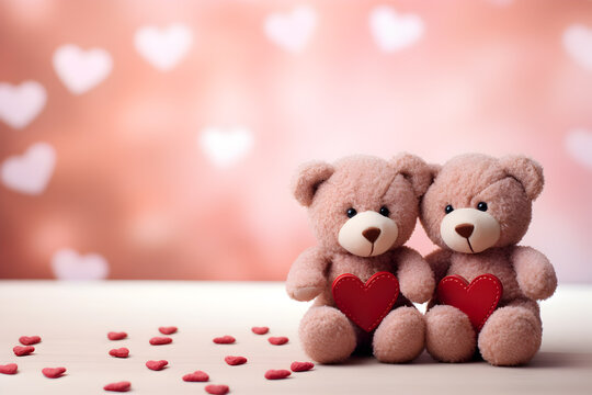 cute brown fluffy bear toy holding a red  heart with pastel pink love bokeh background with copy space