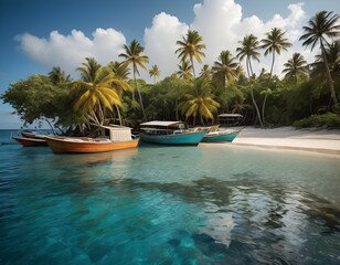 Fototapeta premium Tranquil Beach Vacation with Palm Trees, Clear Blue Sky, and Calm Sea