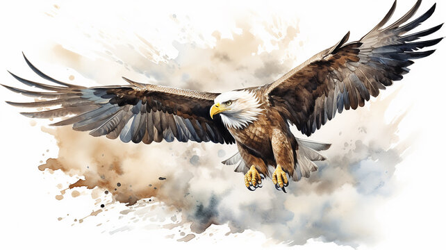 eagle watercolor illustration on a white background, a predatory free bird in flight