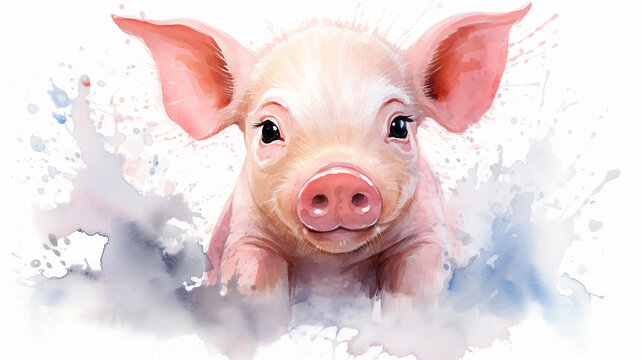 pink cute piglet, watercolor illustration on a white background, liquid paint spots