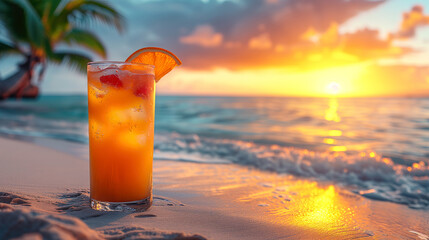 Cocktail on the tropical beach at sunset. Toned.