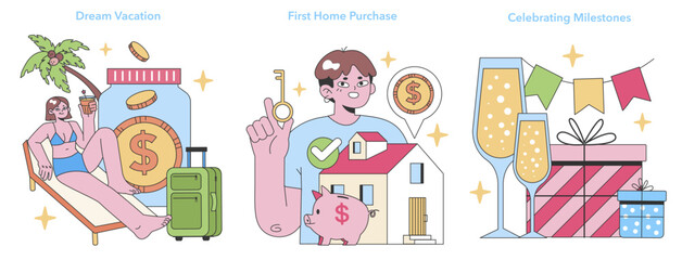 Life's Precious Moments trio. Saving for getaways, investing in homes, and marking achievements. Financial goals for vacations, property, and celebrations. Flat vector illustration