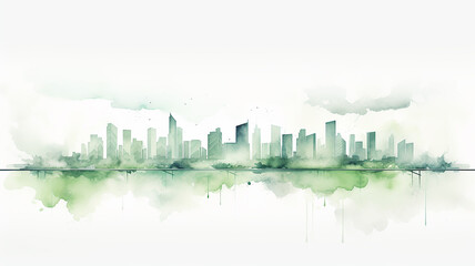 green eco silhouette of the city, illustration on a white background, cityline liquid paint, insulated print, logo