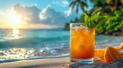 Glass of orange juice with ice and mint on sandy beach with palm trees on background