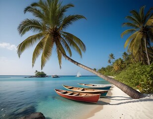 Tranquil Beach Vacation with Palm Trees, Clear Blue Sky, and Calm Sea
