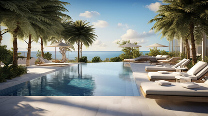 Fototapeta premium Luxury hotel with swimming pool with white fashion deckchairs on the beach., Exterior design.