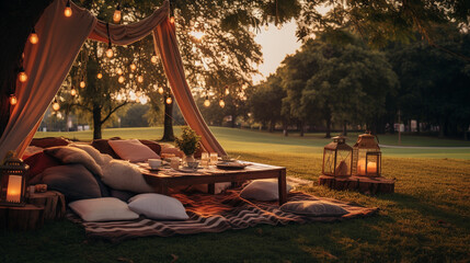 Blanket with pillows, candles for romantic evening on Garden, under tree in beautiful summer garden, zone for relaxation, place for rest, cozy yard.