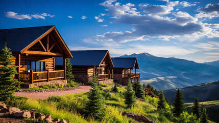 Eco wooden houses cabin in mountain alps at summer landscape. Place for relaxation and vacation