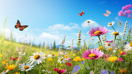 wild flower blooming field of cornflowers and daisies flowers blue sunny sky, butterfly on flowers summer landscape