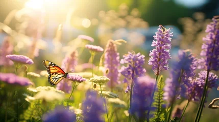 Foto auf Acrylglas wild flower blooming field of cornflowers and daisies flowers blue sunny sky, butterfly on flowers summer landscape © lelechka