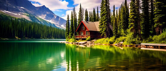 Obraz premium Beautiful landscape with a wooden house standing on the shore of a lake in the mountains