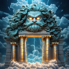 Zeus temple. Zeus above the clouds temple illustration. Zeus gold temple gate. Ancient Greek god Zeus temple.