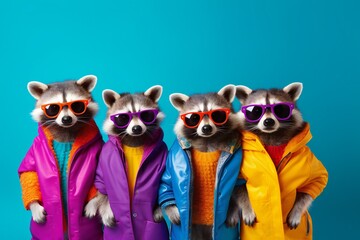 Creative animal concept. racoons in a group, vibrant bright fashionable outfits isolated on solid background advertisement, copy text space. birthday party invite invitation banner - obrazy, fototapety, plakaty