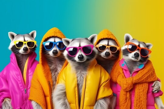 Creative animal concept. racoons in a group, vibrant bright fashionable outfits isolated on solid background advertisement, copy text space. birthday party invite invitation banner