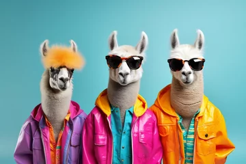 Fotobehang Creative animal concept. lamas in a group, vibrant bright fashionable outfits isolated on solid background advertisement, copy text space. birthday party invite invitation banner  © JAYDESIGNZ