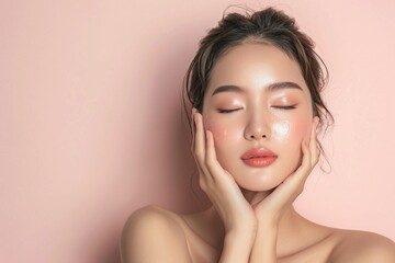 skin care and cosmetics concepts, asian girl with beautiful face touching healthy skin.