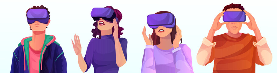 Group of man and woman in casual clothes wearing VR googles watching at virtual reality world space, digital interface hologram, network technology, abstract cyberspace. Vector illustration - obrazy, fototapety, plakaty