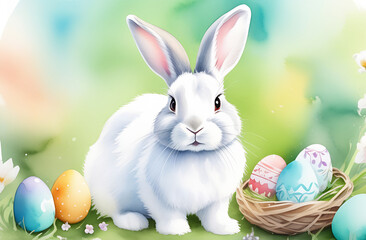 Easter bunny with painted eggs on white background. 