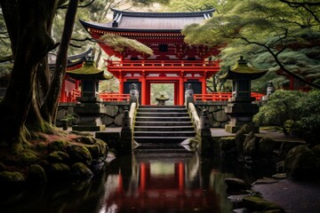Historic Japanese red arch. Travel landmark. Generate Ai - obrazy, fototapety, plakaty