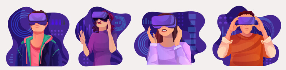 Group of man and woman in casual clothes wearing VR googles watching at virtual reality world space, digital interface hologram, network technology, abstract cyberspace. Vector illustration - obrazy, fototapety, plakaty