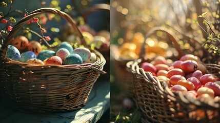 multi-colored Easter eggs in a wicker basket on a table 