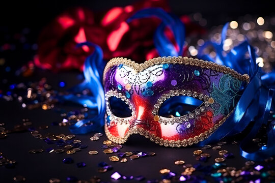 Bright carnival mask, colored ribbons and confetti on shiny blurred background