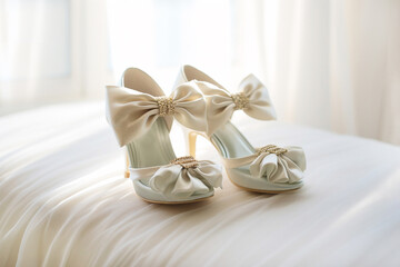 Fototapeta na wymiar Women's wedding open high heel shoes close-up on light background. preparing the bride for wedding