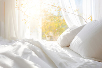 Fototapeta na wymiar White bed linen. cozy bedroom with window with curtains is flooded with sunny morning light