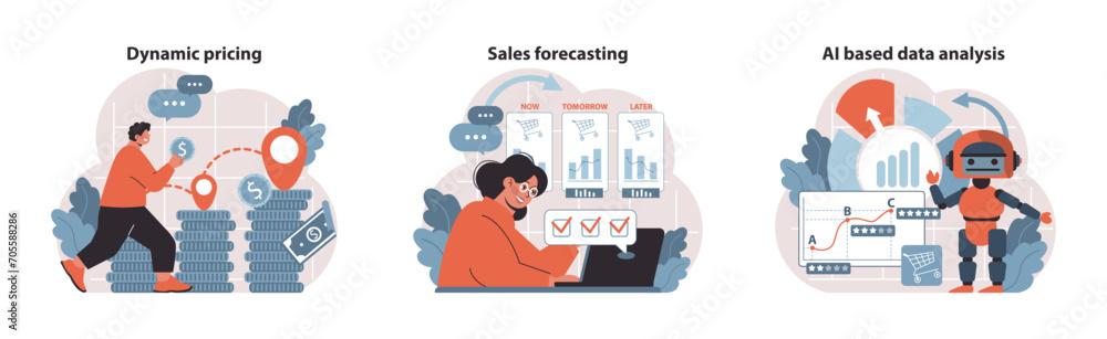 Poster retail profit plan set. adapting pricing dynamically, predicting future sales, leveraging ai for dat