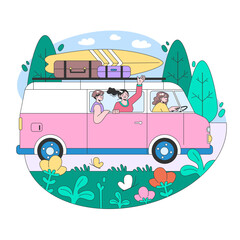 Road trip. Young people or family going on vacation by a car. Characters driving automobile on holidays, traveling the world together. Flat vector illustration