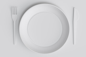 Set of disposable utensils like plate, folk, spoon,knife and cup on monochrome