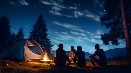 A group of friends camping under a starry night sky in vacation - obrazy, fototapety, plakaty