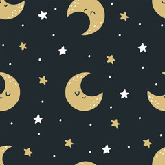Obraz na płótnie Canvas Seamless vector pattern in children's style. Starry night sky, sleeping moon smiling, stars . Vector illustration