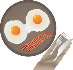 The breakfast with fried poached eggs and bacon