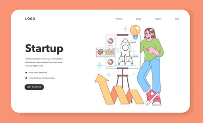 Obraz na płótnie Canvas Business growth concept. Woman with a chart depicting rocket launch, analytics, and rising trends. Creativity meets strategy. Upward arrows. Flat vector illustration.