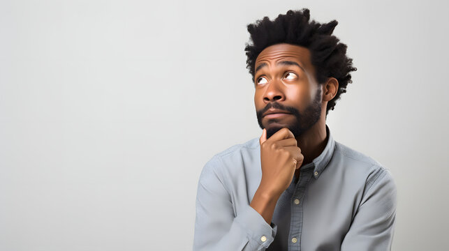 a black man in a casual shirt holding his chin and thinking about something while looking up.