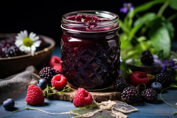 Sweet Jar wild berry jam. View spoon. Generate Ai