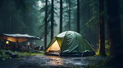 Rain camping in the forest at night