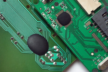 Chip on board electronic components (COB). Glob top semiconductor metarials on a circuit board.