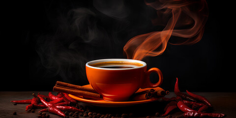 Cup of espresso with cinnamon sticks and red chili peppers and black peppercorns. Spicy coffee. Copy space. AI generated