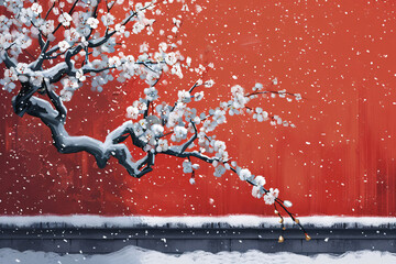 Snowy illustration of winter plum blossom branches and red wall background