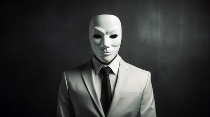 a businessman in a white mask hiding his face