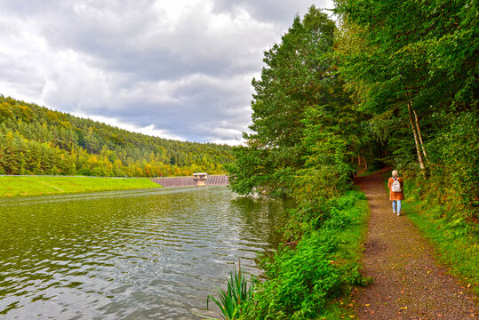Rundwanderweg am Marbach-Stausee im Odenwaldkreis (Hessen, Deutschland)
