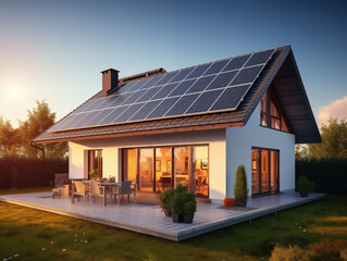 House with solar panels on the roof, concept of green energy 