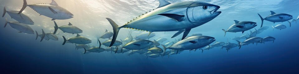 Wide view of a group of tuna underwater in the ocean. Banner concept for a fish store or seafood...