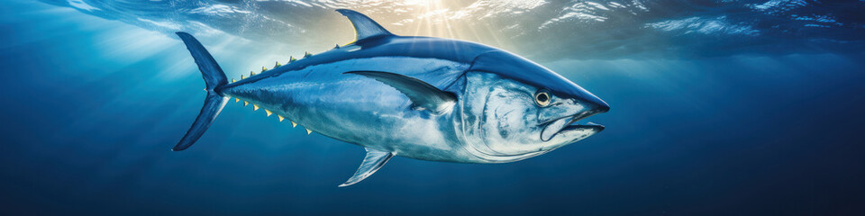 Wide view of a large tuna underwater in the ocean. Banner concept for a fish store or seafood department.